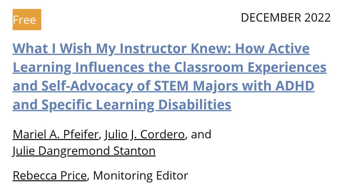 What do STEM undergraduates with ADHD and specific learning disabilities think of active-learning practices? Check out our recent article that includes a big list of teaching suggestions to help instructors make active learning more inclusive... lifescied.org/doi/10.1187/cb…