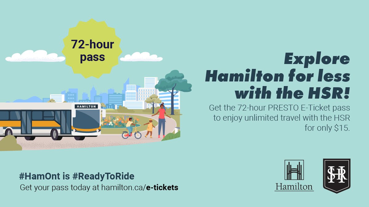 cityofhamilton's tweet photo. How many things can you see and do in #HamOnt in 3-days? Take the @HSR 72 hours for $15 challenge. Download the 72-hour E-Ticket pass on the PRESTO E-Ticket app and take unlimited trips for just $15. https://t.co/6kmOpUQ0jT #exploreHamOnt #ReadyToRide https://t.co/wQLaKN2cpr