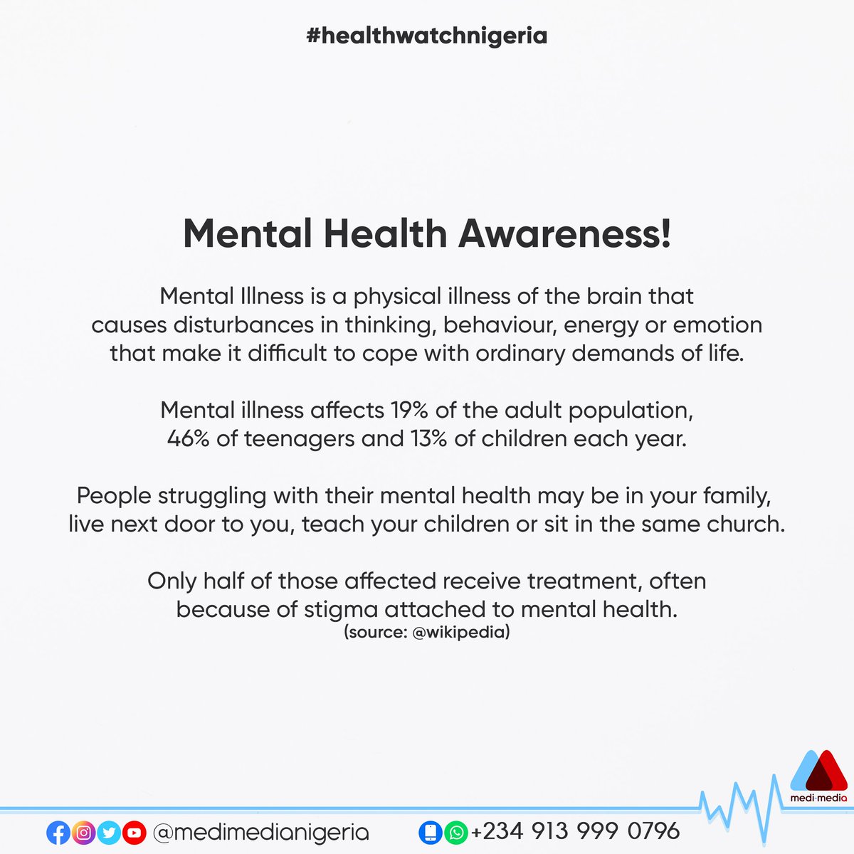 MediMediaNG's tweet photo. Mental Health Awareness is the ongoing effort to reduce the stigma around mental illness and mental health conditions by sharing our personal experiences.
#medimedia #healthforall #doctorsforchange #medicine #healthwatchnigeria #health #doctors #africa #unitedkingdom #happiness https://t.co/AUtVGNBd3W