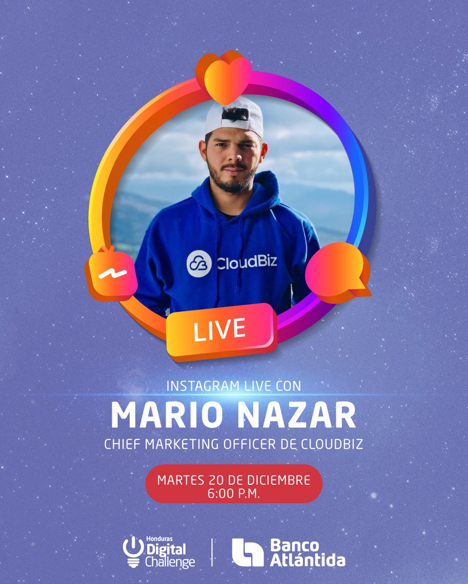 HD_Challenge's tweet photo. Uno de los casos de éxito de #HondurasDigitalChallenge es Mario Nazar ,él es el Chief Marketing Officer de mi CloudBiz , un software de facturación en línea que fue creado en 2017. ÉL nos hablará de su experiencia en un #InstagramLive este martes 20 de diciembre a las 6:00 p.m. https://t.co/N3hnrRHxqq
