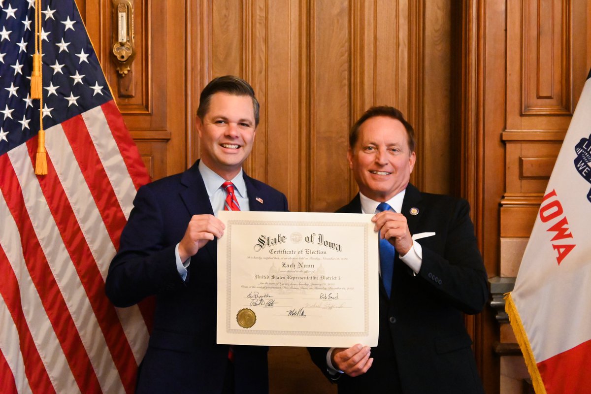 NunnForCongress's tweet image. Today @IowaSOS officially certified November’s election ✔️ We are honored to serve every Iowan in the Third District and looking forward to our official swearing-in on January 3rd!