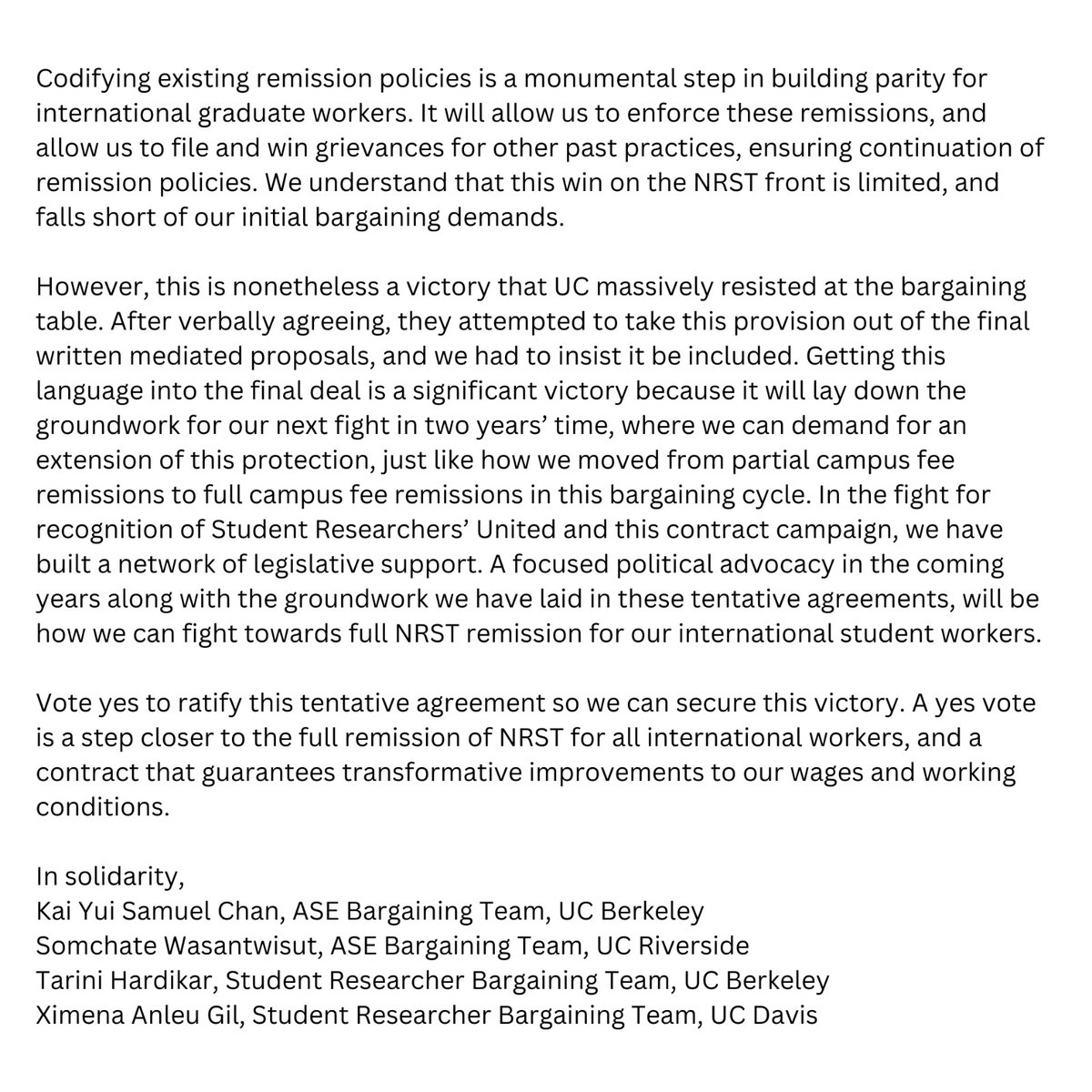 An important perspective from four international workers on the SRU and UAW2865 who have been fighting a long battle for NRST remission, and share a vision to continue this fight beyond this contract.