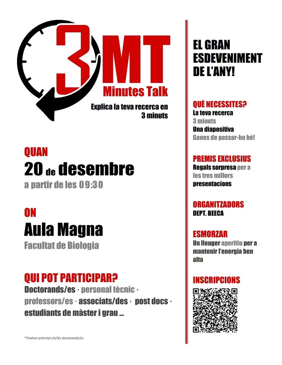 AMacedaVeiga's tweet photo. 📢📢 El gran esdeveniment de l'any és demà!! ⏰️⏰️⏰️

🎉🎉 Arriba el 3 Minutes Talk del Dept #BEECA a la @BiologiaUB‼️

Te'l perdràs? Vine a l'Aula Magna i segueix i difon l'esdeveniment amb el hashtag #3MTBEECA22 👇👇👇 https://t.co/cyBnmVUWpB