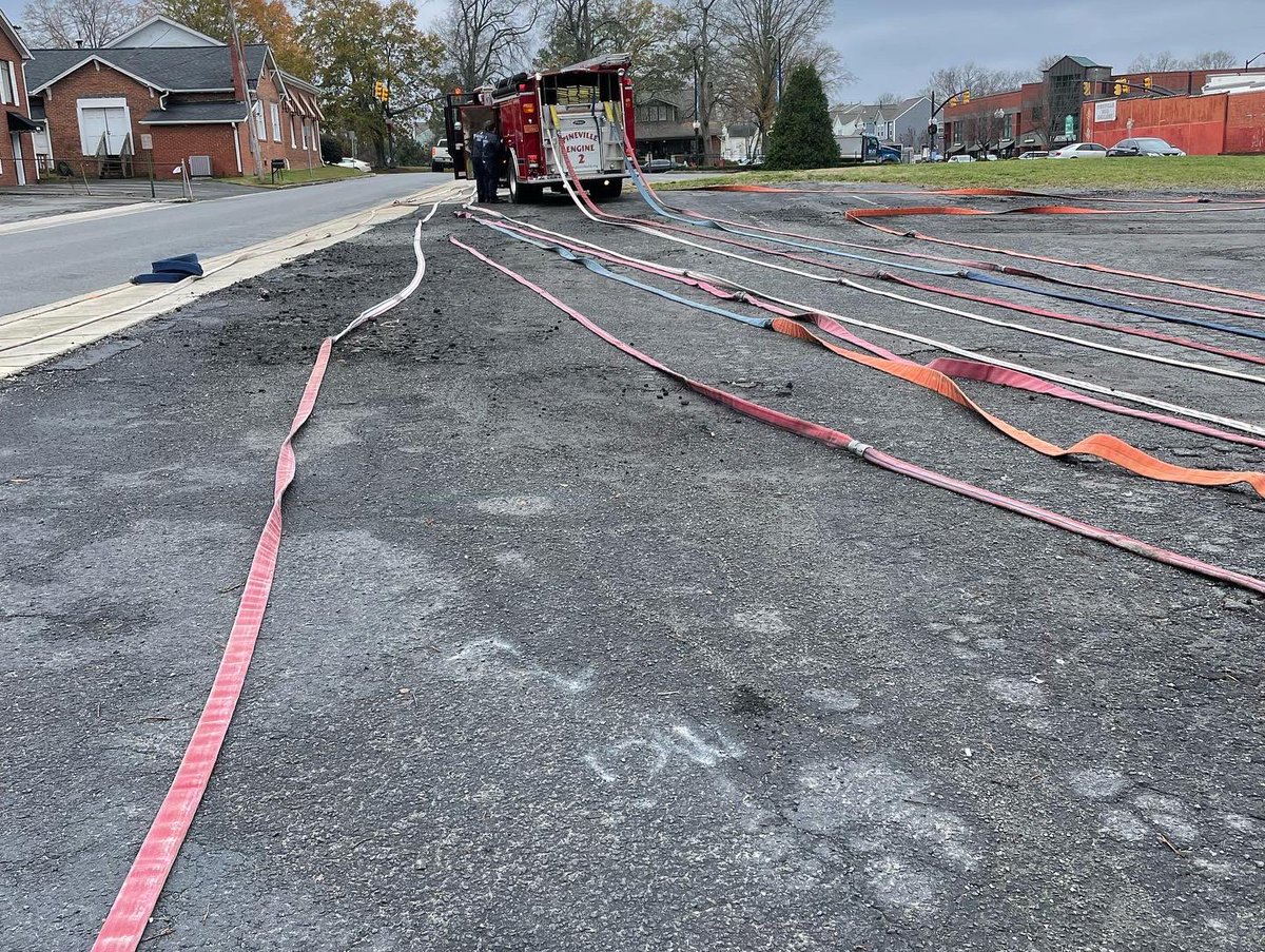 PinevilleFire's tweet photo. Crews spent the afternoon testing hose on one of the Fire Engines today. Hoses on all trucks get tested annually to ensure safety and functionality of every section. #PinevilleFire #HoseTesting #Annual #firefighters https://t.co/d5UBnQnfl5
