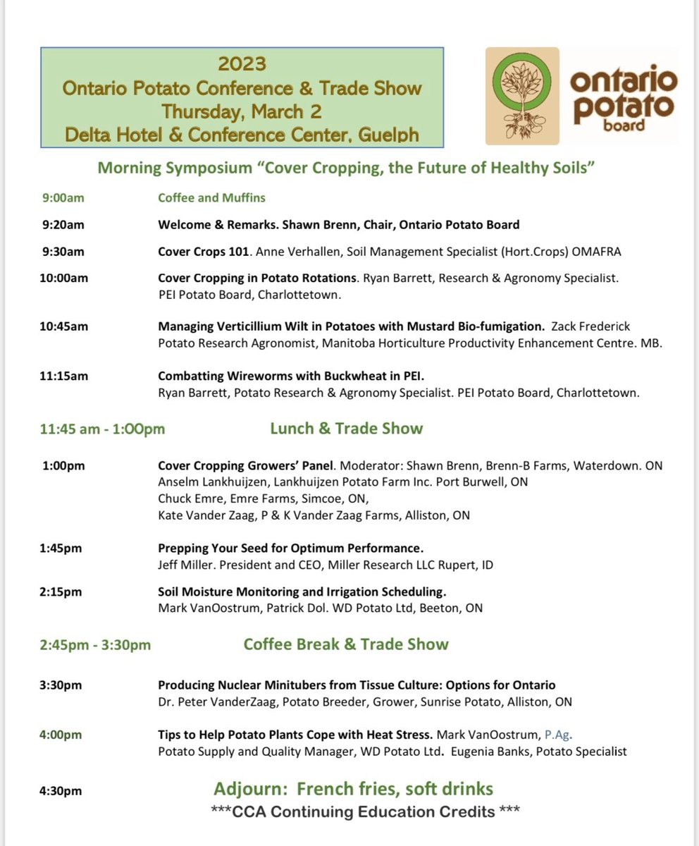 Kena09947635's tweet photo. The program of the 2023 Ontario Potato Conference &amp; Trade Show is now complete. A great line-up of speakers and a symposium on cover crops make this an event that you can't miss! See program &amp; Registration Form https://t.co/wpCTtFImKF