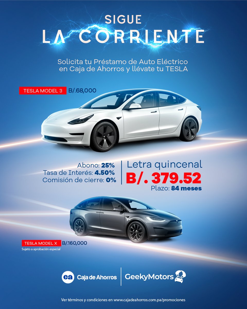 CajadeAhorrosPA's tweet photo. Solicita tu préstamo de auto eléctrico🚘🔋 y llévate tu #Tesla con excelentes condiciones junto a @GeekyMotors.

¡Ya puedes tener tu Tesla Model 3 financiado😲!

Más información en: https://t.co/4sOxnRcdPh 

#CajaDeAhorros https://t.co/sK4NXKIJN0