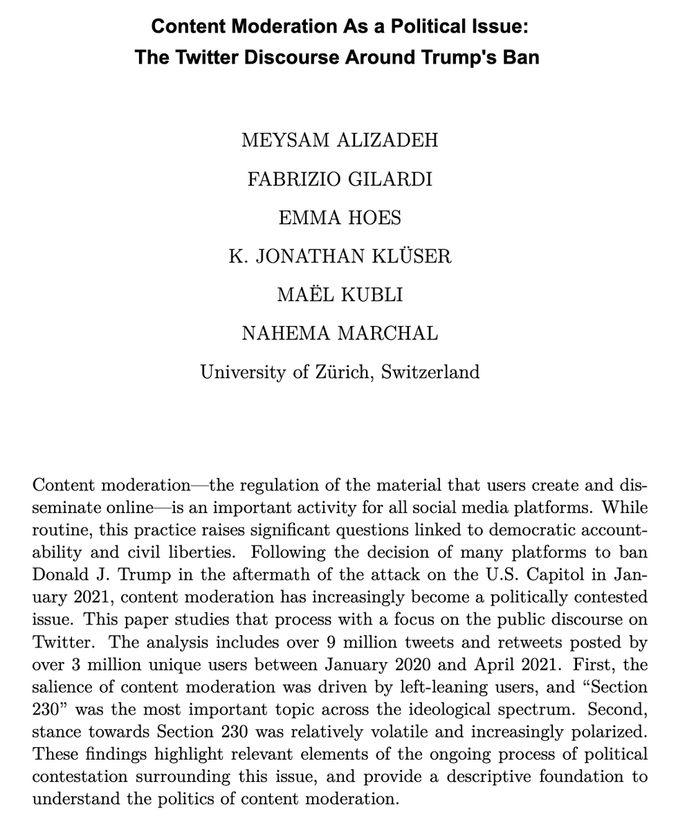 @MeysamAIizadeh, @fgilardi, @EmmaHoes93, @MaelKubli et al. take a rare descriptive look at how people talk about content moderation debates on Twitter. A lot of the discourse centered around Section 230, which they show became polarized over time. journalqd.org/article/view/3…