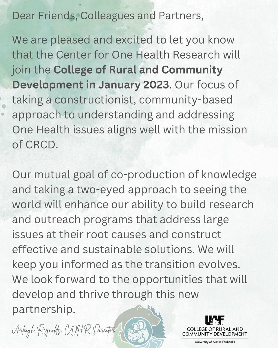 Announcement from COHR! Excited to start a new chapter with <a href="/uafcrcd/">UAF College of Rural & Community Development -CRCD</a>