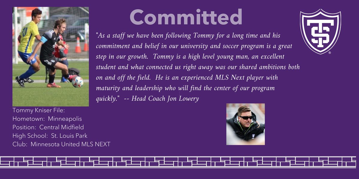 TommieMSoccer's tweet photo. Commitment Alert -- The name says it all, as Minnesota United's MLS Next product, Tommy Kniser chooses St. Thomas and will compete for the Tommies in fall '23.  #prideintheprocess #RollToms https://t.co/FRlseevLCz