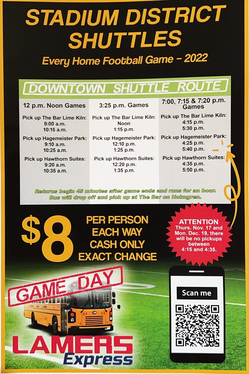 Game Day shuttle time is 5:30pm for The Bar Lime Kiln.