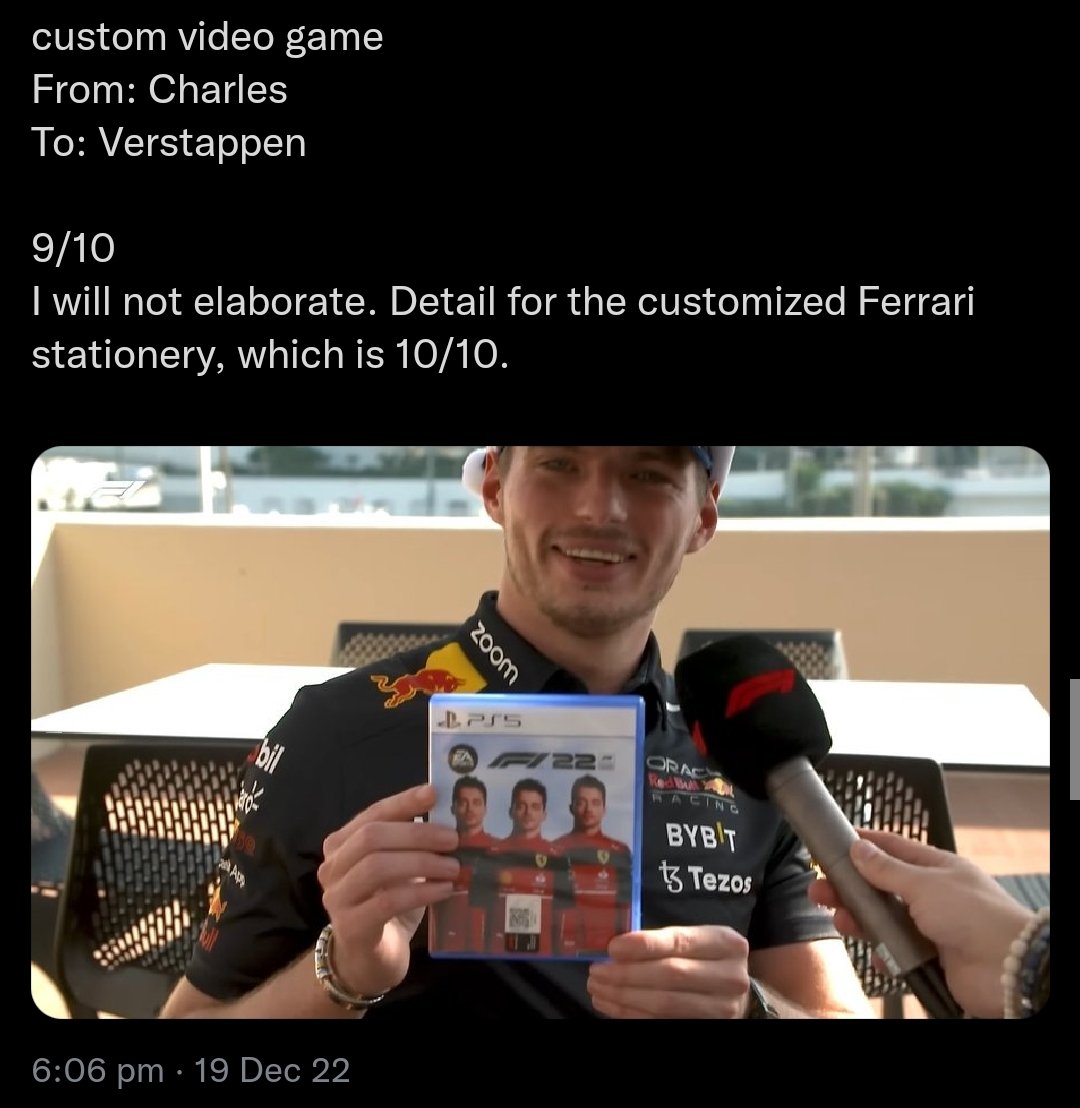 max: gifting adoption papers of a lion who was rescued from an abusive household = 6/10, useless gift and he's being narcissistic

charles: gifting a copy of F1 22 with a custom cover with his face plastered all over it = 9/10 I love it!! 🥰🥰❤️❤️

make it make sense