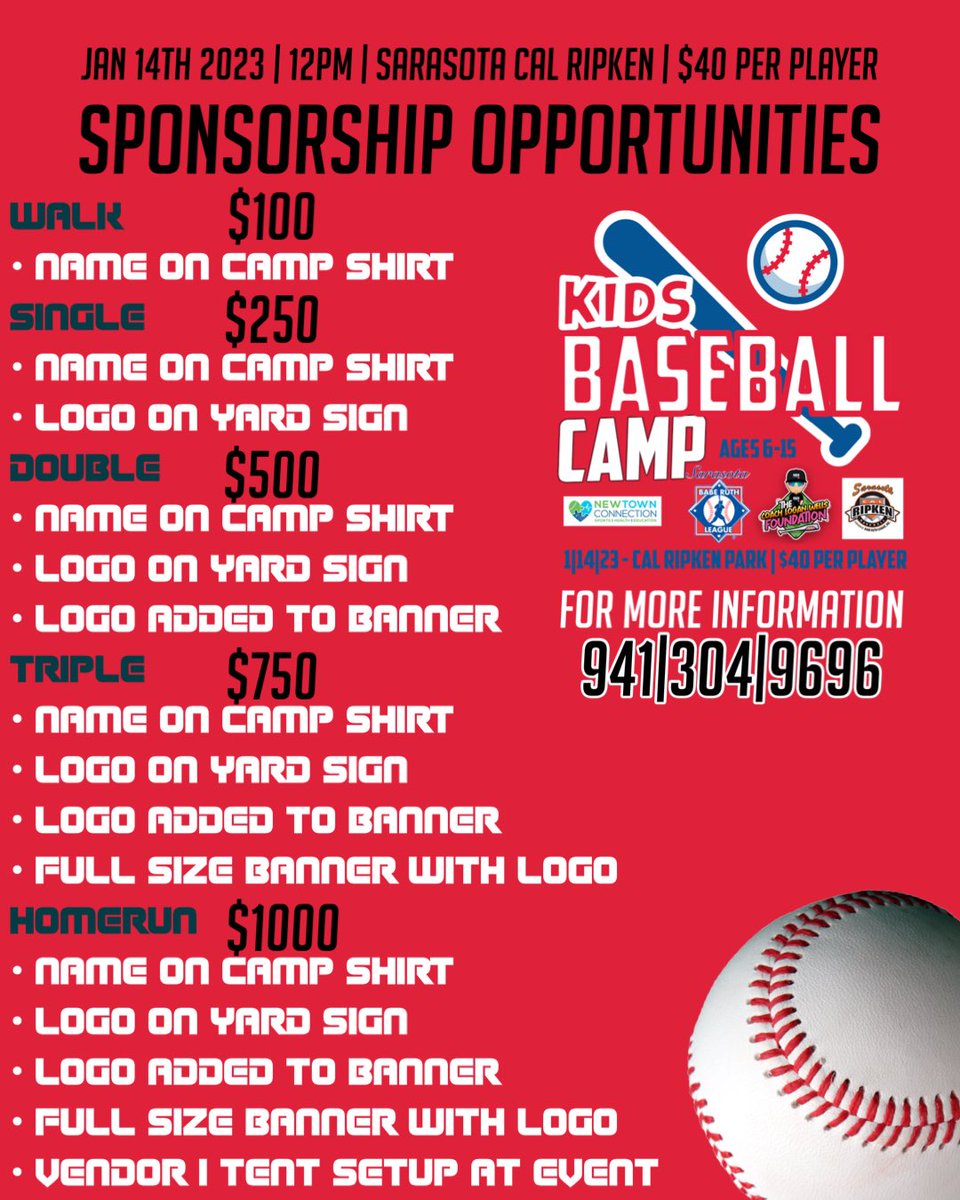 Back at again with another camp!!! Current NCAA Coaches | MLB Coaches | Current &amp; Former MLB Players ⚾️ $40 per player (includes a shirt) ages 6-15 at @calripkensarasotabaseball 
Register at CoachLoganWellsFoundation.org 
Still looking for sponsors and raffle items  <a href="/Sgennett2/">Scooter Gennett</a> <a href="/gobig3/">Coach Logan Wells</a>