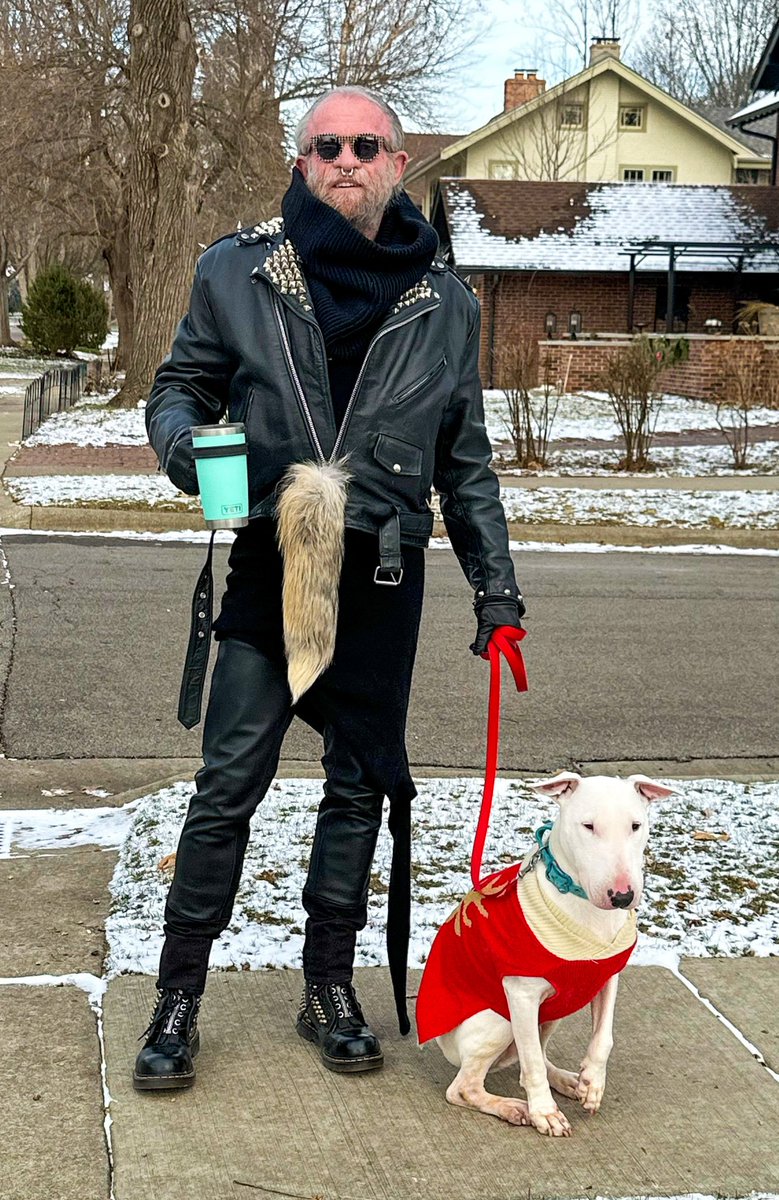ml_hades's tweet photo. Off to the river with Billy and my coffee. #WilsonsLeather embellished motorcycle jacket #RickOwens Performa Fall 2020 cashmere Banana Ziggy and one shoulder crop top #Givenchy leather and denim jeans #BessNYC embellished #DrMartens #RadHourani muffler #RalphLauren sunglasses https://t.co/f861phecpI