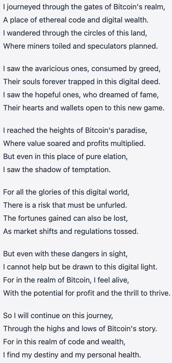 0xczar0's tweet photo. If Bitcoin were one of the circles of Dante Alighieri's Divine Comedy, it would sound pretty much like this.

(Credit to @OpenAI #ChatGPT) https://t.co/LUzjCx59kh