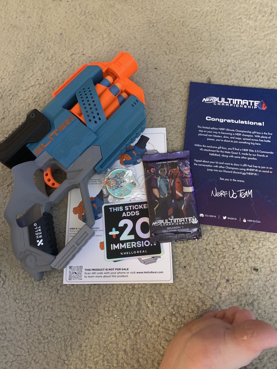 ZerozenStudios's tweet photo. Couple weeks back I won 1/75 nerf ultimate championship merch kits with a blaster mount for my controller and I just recieved it yesterday! #NERFVR https://t.co/l9UQwd3eBr
