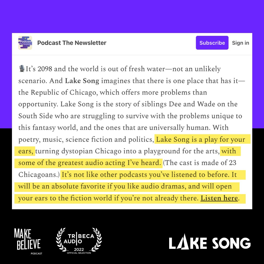 Thank you <a href="/laurenpassell/">Lauren Passell Says No</a> and Podcast The Newsletter!

Hear what all the buzz is about at lakesong.fm

And read more at podcastthenewsletter.substack.com