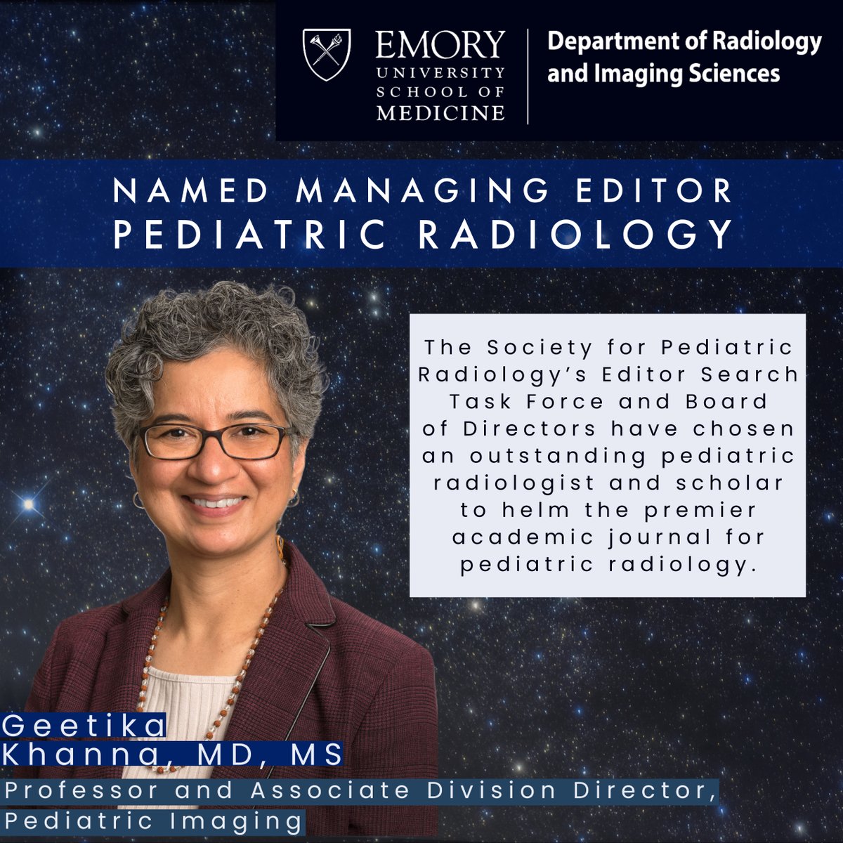 Congratulations and we are so proud of you, @gkhannamd! @PedRadJournal is the premier journal and has chosen a premier #pedsrad scholar & clinician to lead it. Well done, @SocPedRad! #womeninmedicine @AmitSaindane @childrensatl @SusanPalasis