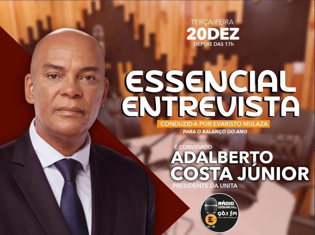 AdalbertoCostaJ's tweet photo. Amanhã, estarei na Rádio Essencial as 17h para falar sobre: 
-Balanço do processo eleitoral;
-Hipotético interesse de JLO na revisão da Constituição e consequente alargamento dos mandatos;
- A UNITA depois das eleições e a liderança de ACJ;
- O presente e o futuro da FPU;
- O OGE https://t.co/lZoF6xAHLw