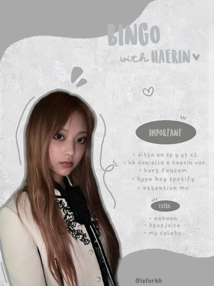 isforkh's tweet photo. • bingo with haerin ! 

— hola, les traigo esta dinámica para apoyar con el br de haerin, abajo indicaciones :3

뉴진스 해린 #HAERIN #해린 #뉴진스 #NewJeans @NewJeans_ADOR https://t.co/iLQsltAZgo