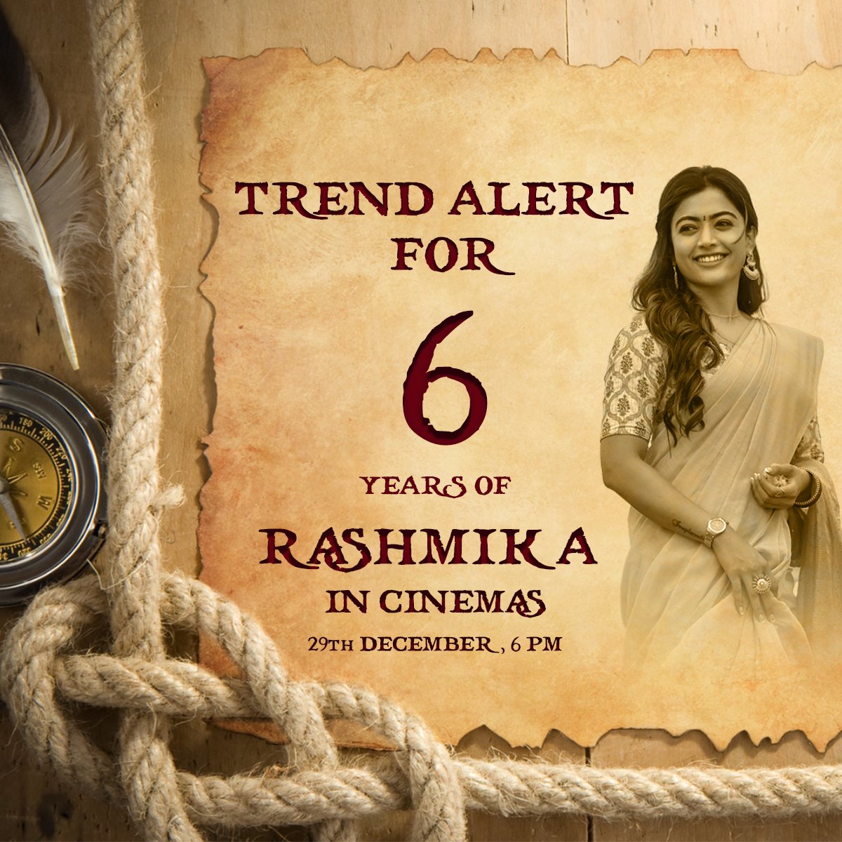 RashmikaTrends's tweet photo. Announcement Time: Hey everyone! As you all know that our Crushmika aka @iamRashmika completing her 6 years in the Movie Industries - so we are planning for a Trend on 29th of December - requesting everyone to join the Trend, (CDP and TAG - Coming Soon) ❤️

#RashmikaMandanna https://t.co/fUwG6mxm0u