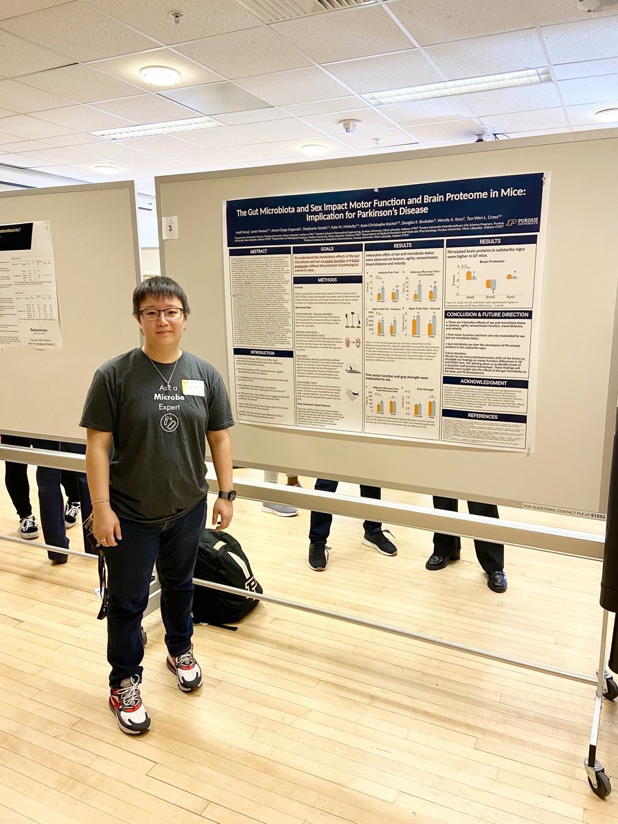 CrossLab_Purdue's tweet photo. Congratulations to PhD student, Andi Cheng, for her award winning research, “The Gut Microbiota and Sex Impact Motor Function and Brain Proteome in Mice: Implication for Parkinson’s Disease”. 

🎖️ Andi earned third place at the 2022 PAMS Symposium!

 #lifeatpurdue #microbiome https://t.co/rTw56sLtu7