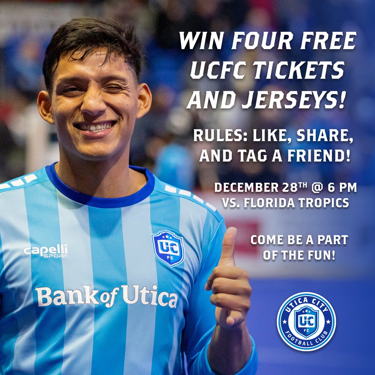 UticaCityFC's tweet photo. FOUR FREE TICKETS AND JERSEYS! 💙

We want YOU to be there for our next game vs. Florida— like this post, RT, and tag a friend with your favorite UCFC moment at home! 

Winner drawn on Wednesday, December 21st. https://t.co/WVsKkykXvW