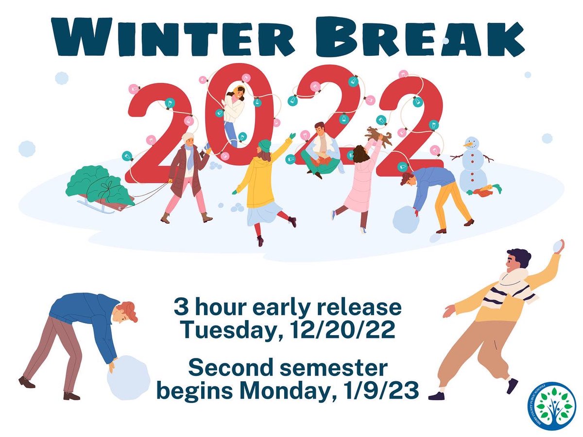 hcps_va's tweet photo. Winter break begins Tuesday, December 20 with a 3 hour early release. Students will return to school for second semester on Monday, January 9. https://t.co/62gZqX12Ym