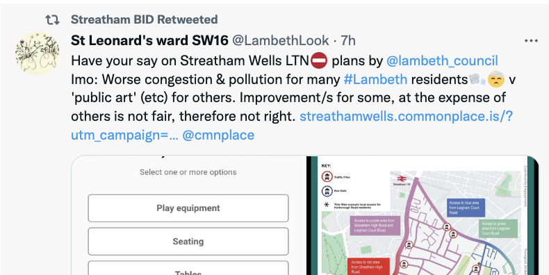 What a shame to see the Streatham BID <a href="/instreatham/">InStreatham BID</a> retweeting misleading information about the Streatham Wells LTN. Over half of Lambeth households don't have access to a car, yet they suffer the consequences. Is that fair, is that right?

LTNs reduce traffic for everyone.