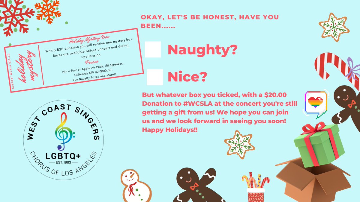 wcsla1's tweet photo. Have you been naughty or nice this year? For a $20 #donation, you will receive a #Holiday Mystery Box from #WCSLA. Boxes are available before the #concert and during intermission. You can still buy #tickets for tonight's concert at 7:30PM, bring $20, and try your luck! https://t.co/Ep3aUFDAvE