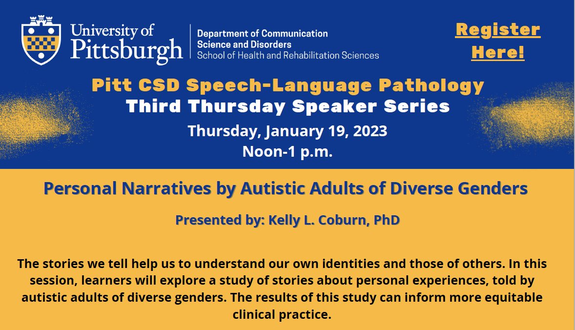 On Thursday, January 19 at noon Eastern time, I'm virtually visiting my alma mater <a href="/PittCSD/">Pitt Communication Science and Disorders</a> for a *free* talk about my #research into spoken #narratives by #autistic adults of diverse genders. ASHA CEUs offered! Register at pitt.co1.qualtrics.com/jfe/form/SV_2r… &amp; please share widely! 📖💬