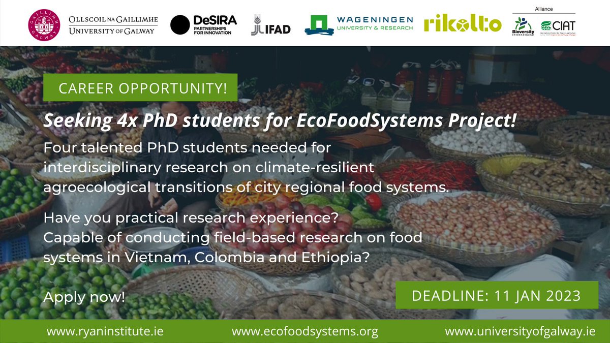 <a href="/uniofgalway/">Ollscoil na Gaillimhe | University of Galway</a> <a href="/RyanInstitute/">Ryan Institute @ University of Galway</a> EcoFoodSystems project seeks 4x PhD students for #interdisciplinary research on city-regional #FoodSystems in #Vietnam, #Colombia &amp; #Ethiopia

#DataAnalytics #Diets #Resilience #Footprints #Climate #SDGs

ecofoodsystems.org/vacancies/

Deadline: 11 Jan 2023