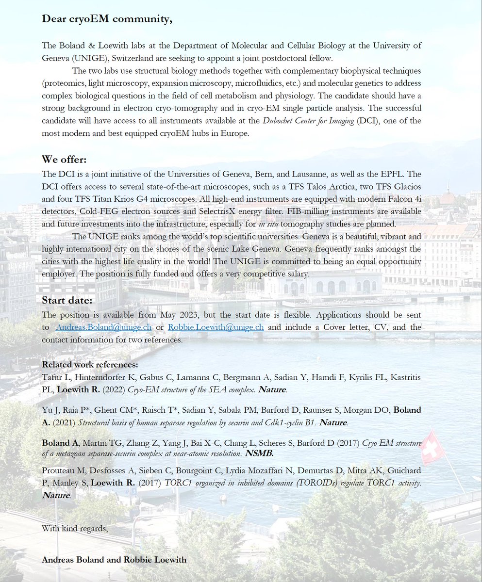 BolandLab_GE's tweet image. The Boland @BolandLab_GE &amp;amp; Loewith @LoewithLab labs are hiring a joint postdoctoral researcher to work in the field of cell metabolism and physiology.
We are looking for someone with strong expertise in cryoET and single particle analysis. @DCI_EM 
Please spread the word! 🙏
