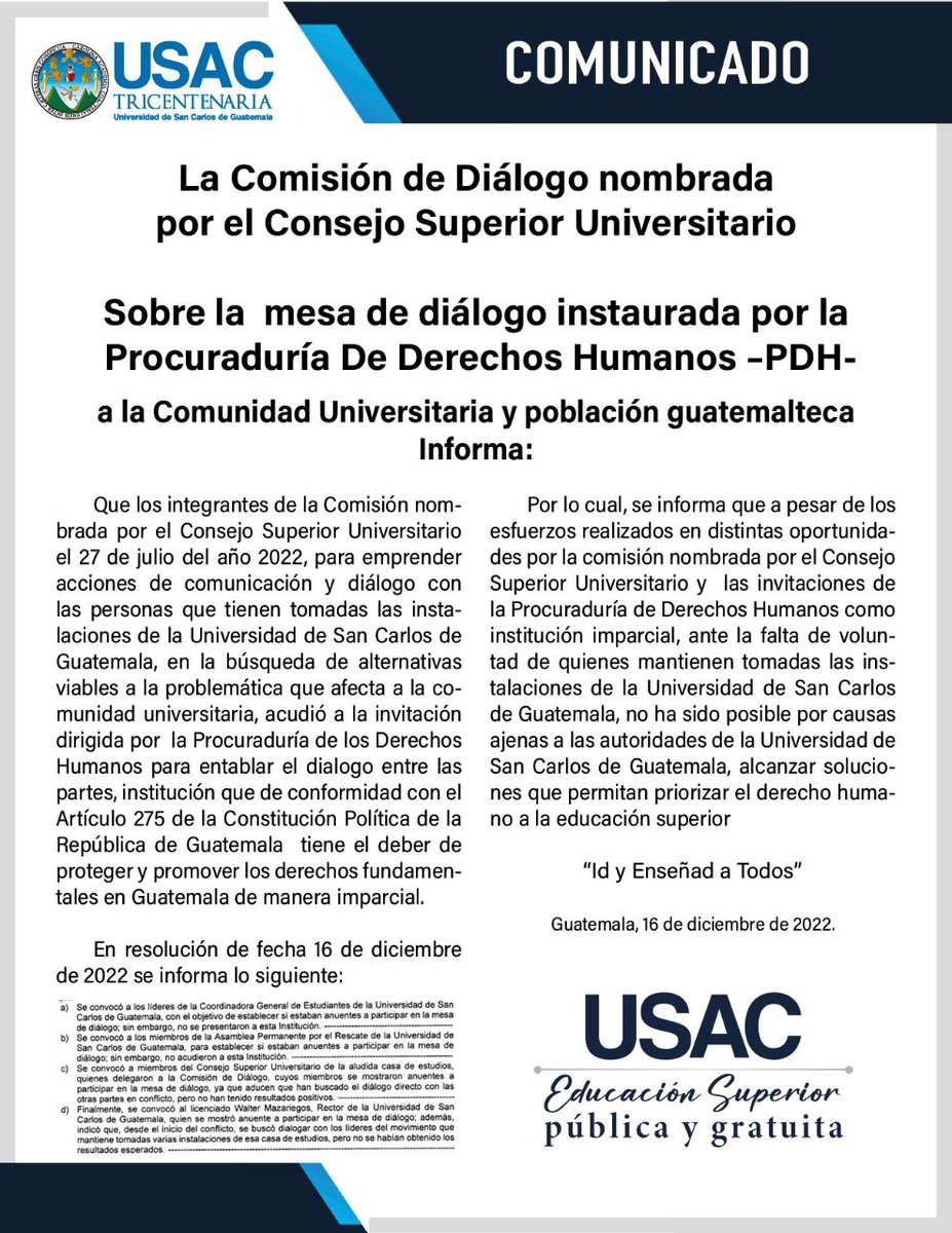 USAC_oficial's tweet image. #ComunicadoUrgente

Estudiantes de la toma, sin disposición al diálogo 

La Procuraduría de Los Derechos Humanos PDH ha notificado la  falta de voluntad de diálogo por parte de los manifestantes que tienen tomadas las instalaciones universitarias.