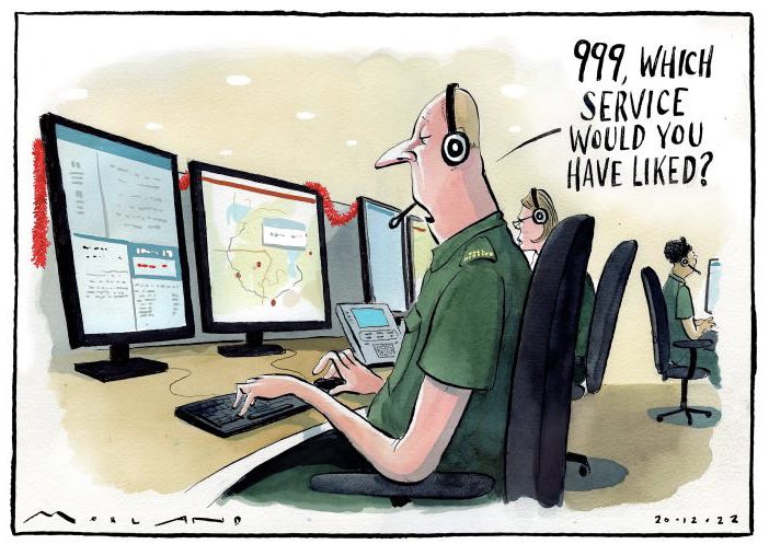 Morten Morland on #ambulancestrike #Strikes #NHS – political cartoon gallery in London original-political-cartoon.com