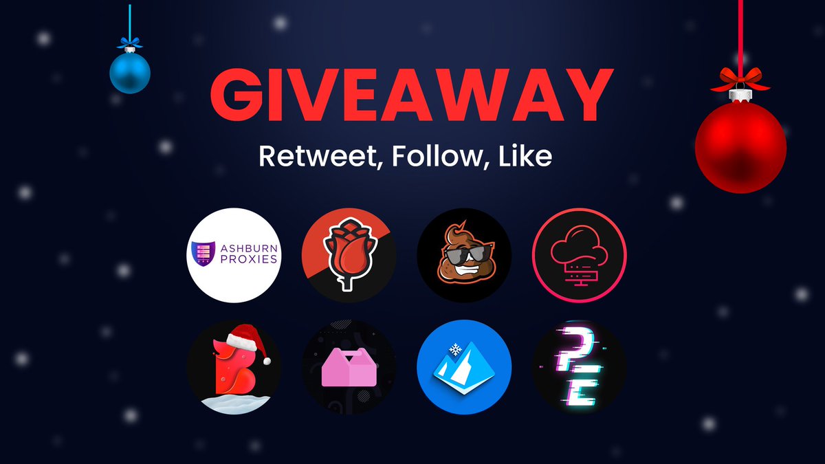 🎄 Holiday Giveaway 🎄 3x @basiccookgroup 1x @the_shit_bot 2x @AshburnProxies 25 ISPs 1x @SauceServers 8x16 server 1x @KalevalaUtility Free Month 1x @ScarletProxies 50 ISPs 1x @FreebiesFrozen 1x @PriceErrors Rules 🎅 - Retweet - Like - Follow - Tag 1 friend