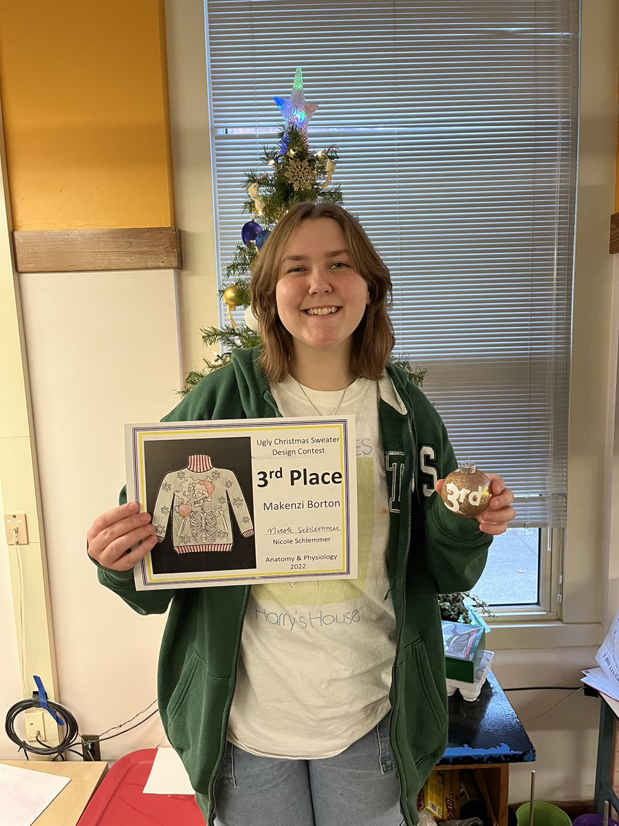 nmschlemm's tweet photo. Let’s hear it for our top 3 A&amp;P Ugly Sweaters! 🧠 #shsaandp

🥇Alex Calderon
🥈Hailey Bielema
🥉Makenzi Borton https://t.co/UMDmwW3VKz