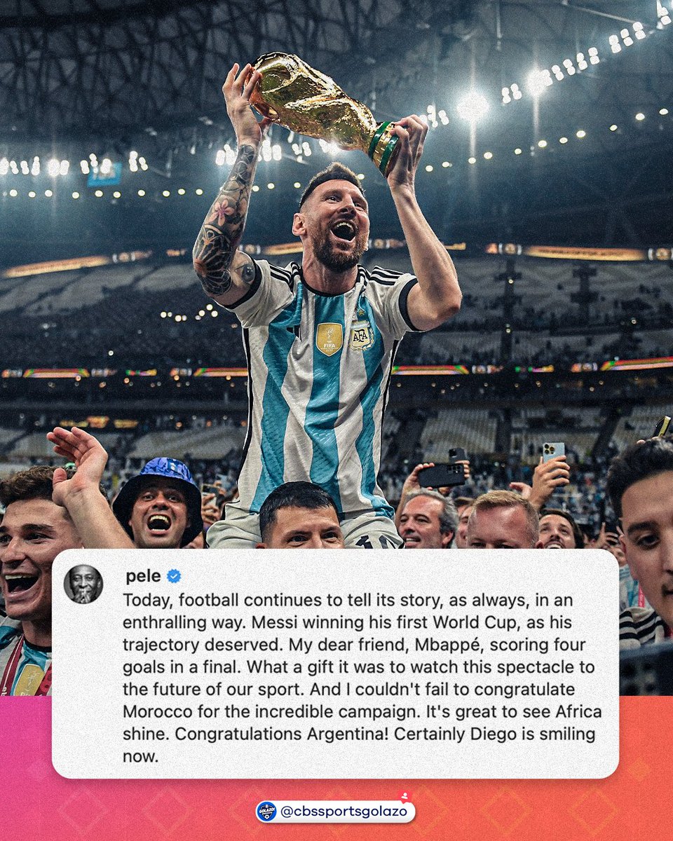 CBSSportsGolazo's tweet image. Pelé shouts out Lionel Messi, Kylian Mbappe, and Morocco on their World Cup campaigns ❤️