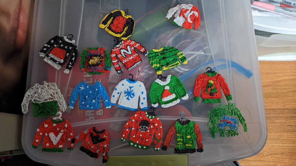 ESalie13's tweet photo. Did the @3Doodler Ugly Sweater activity today w our 3D pens. I would say they turned out great! #bpsne #prideofLL #ilovepublicschools #teamBPS #bpsprojectstem @LLawrenceElem https://t.co/9UulaebadO