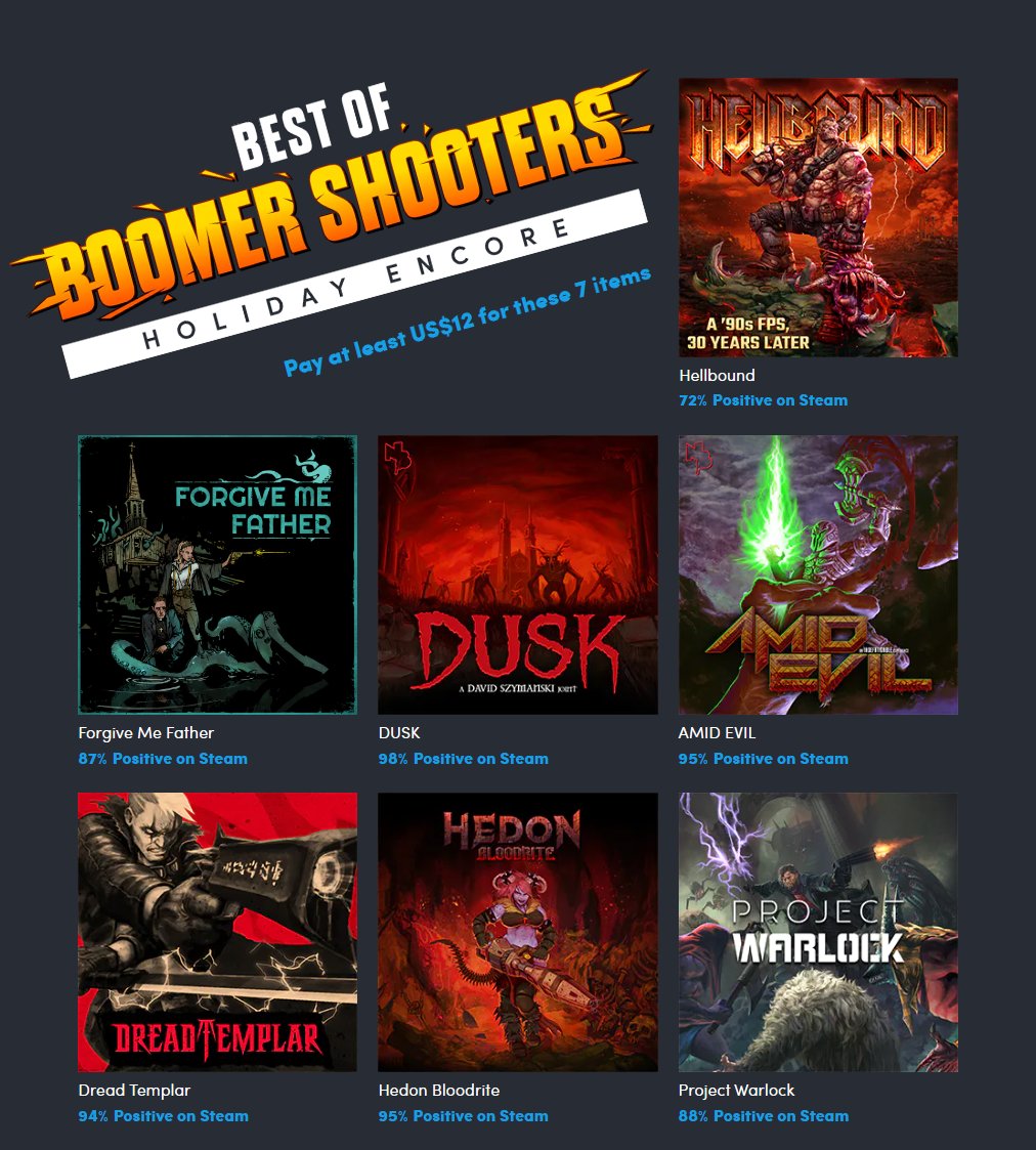 🔥 The Best of Boomer Shooters ARE BACK! 🔥 BUT ONLY FOR 24 HOURS!!! This Holiday Encore edition includes 7 amazing titles and 'Forgive Me Father' was added to that list! Get them all for only $12 and you'll be supporting @AbleGamers 🕹️ Please RT, guys! Thank you 🙌 #indiegame
