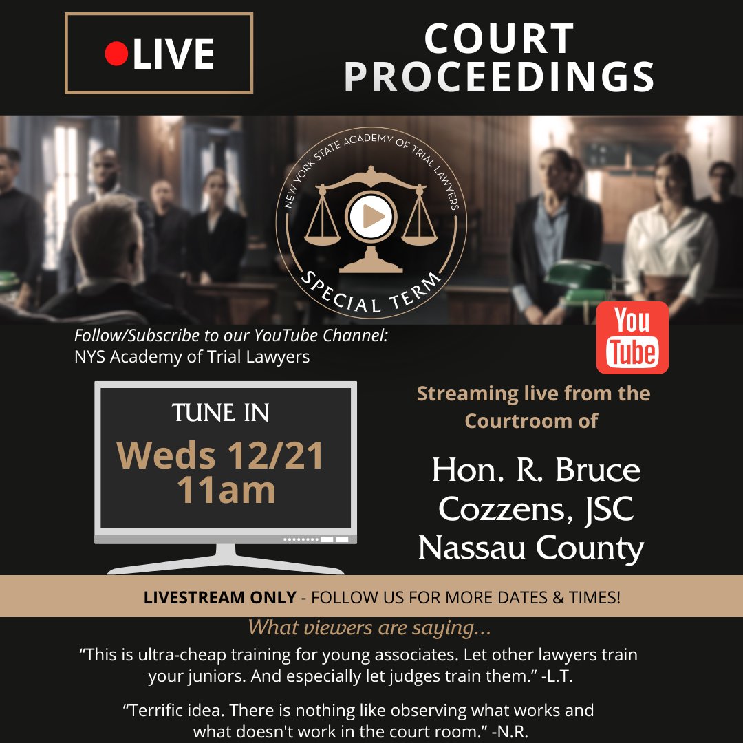 Join us Wednesday, December 21 for another edition of Special Term, streaming live on YouTube! The case is Michael Flores v. Shakron Komilov, Maribel Martinez and Heirberto Martinez, in the courtroom of Hon. R. Bruce Cozzens, JSC. Automobile case with a concession of liability.