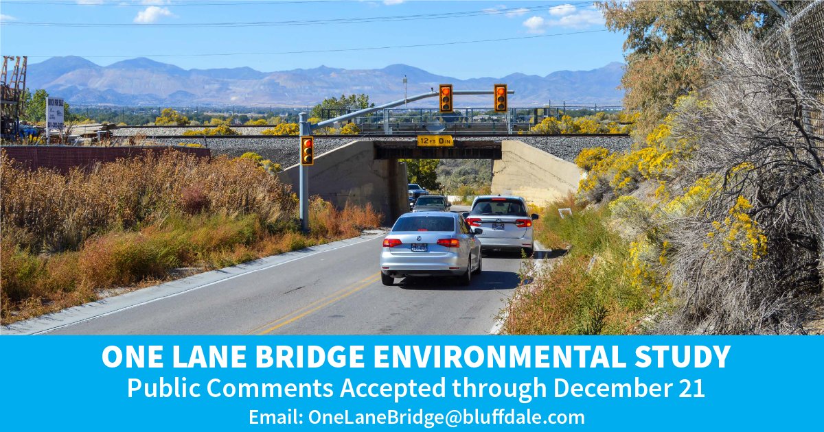 Bluffdale City (@bluffdalecity) on Twitter photo An important part of an Environmental Study includes hearing from the residents that will be impacted by the changes. Comments will be accepted through Wed, Dec 21 at OneLaneBridge@blufffdale.com or fill out a form on the website at bluffdale.com/projects. An important part of an Environmental Study includes hearing from the residents that will be impacted by the changes. Comments will be accepted through Wed, Dec 21 at OneLaneBridge@blufffdale.com or fill out a form on the website at bluffdale.com/projects.