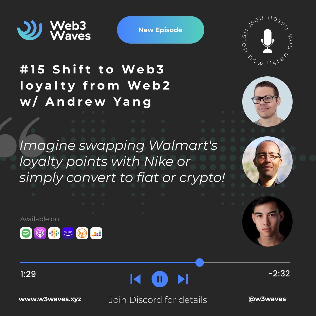 🎧 Tune-in to Ep#15 of <a href="/W3Waves/">Web3 Waves</a> #podcast as we discuss Cultos' mission of bringing web3 loyalty and making it interoperable among brands w/ <a href="/Cultos/">Cultos</a> Founder <a href="/Yanger93/">Andrew Yang</a>  and our hosts <a href="/MichaelGaizutis/">Michael Gaizutis</a> &amp; <a href="/EmeryBishop/">Emery Bishop</a>!

Listen now: ep15.w3w.studio