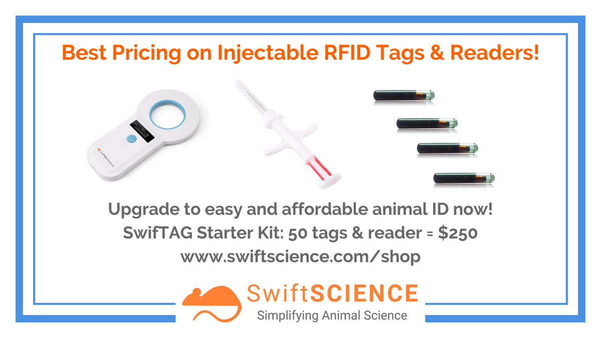 SwiftSCIENCE's tweet photo. Best Pricing on Injectable RFID Tags (3 sizes) & Handheld Readers! https://t.co/1r3wV63bjm The SwifTAG Starter Kit includes 50 tags of your choice and a reader for only $250! Upgrade to easy and affordable animal ID now! #AnimalResearch #researchsolutions #labanimal #RFIDtags https://t.co/q4c8cut5yG