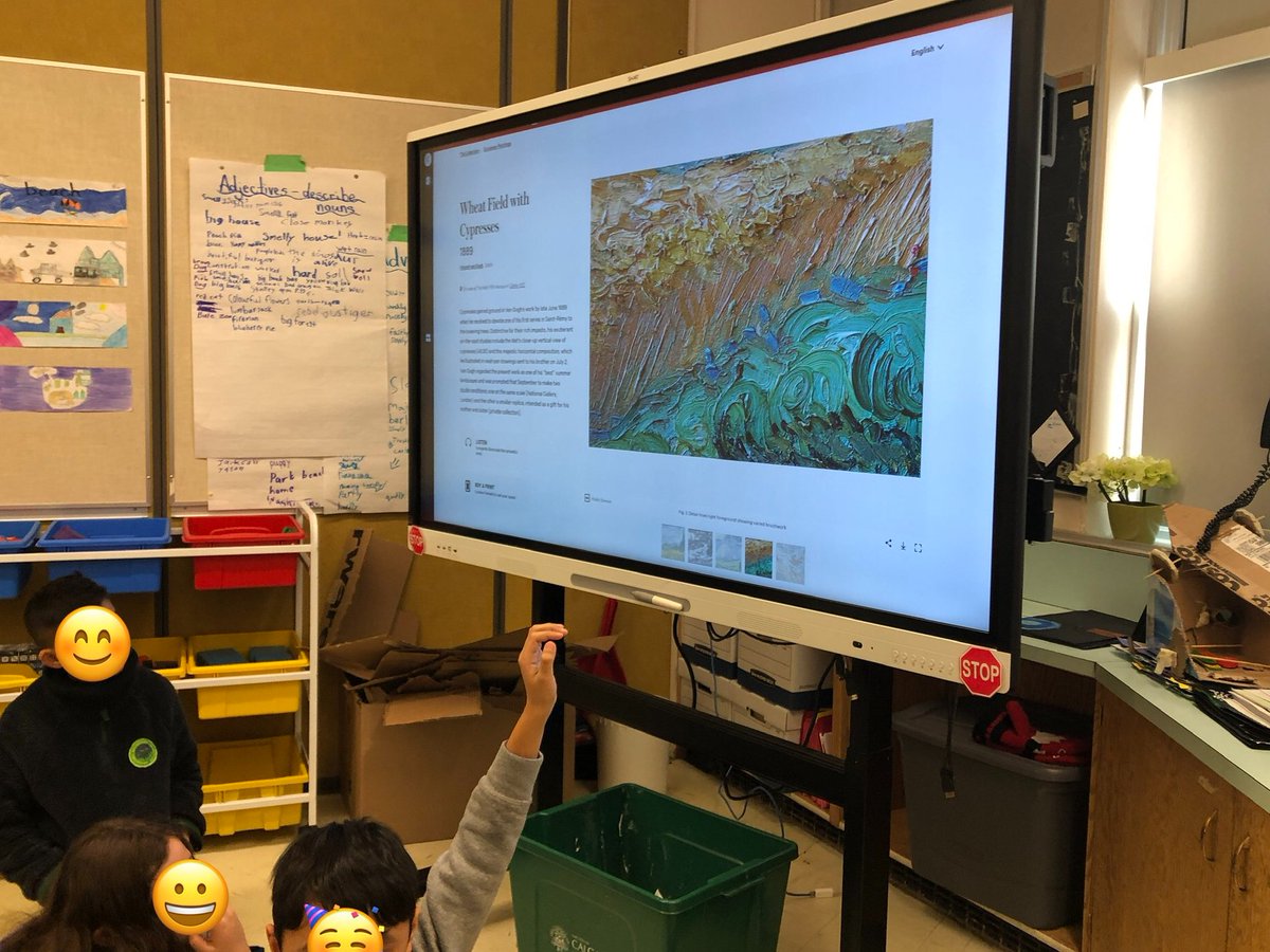 DechantsClass's tweet image. Students looked closely at some Vincent van Gogh paintings today.  This helped them to learn how to respond critically to artwork based on texture, use of colour, and details.