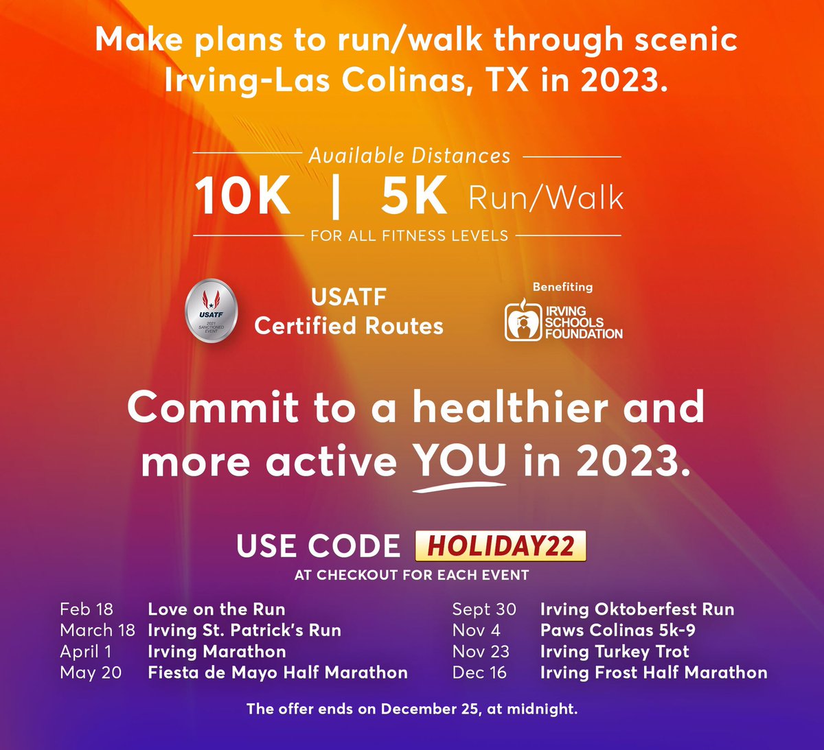 Irving Marathon (@irvingmarathon) on Twitter photo Sign up now during the Health & Wellness Holiday Sale. The 22% OFF Sale Ends Christmas Day!
#jointhemovement #runirving #healthandwellness
<a href="/LasColinasTex/">Las Colinas</a> <a href="/VisitIrvingTx/">Visit Irving, Texas</a> <a href="/IrvingPD/">Irving Police Dept.</a> <a href="/IISDFoundation/">Irving Schools Foundation (ISF)</a> <a href="/ToyotaMusicFac/">Toyota Music Factory</a> Sign up now during the Health & Wellness Holiday Sale. The 22% OFF Sale Ends Christmas Day!
#jointhemovement #runirving #healthandwellness
<a href="/LasColinasTex/">Las Colinas</a> <a href="/VisitIrvingTx/">Visit Irving, Texas</a> <a href="/IrvingPD/">Irving Police Dept.</a> <a href="/IISDFoundation/">Irving Schools Foundation (ISF)</a> <a href="/ToyotaMusicFac/">Toyota Music Factory</a>