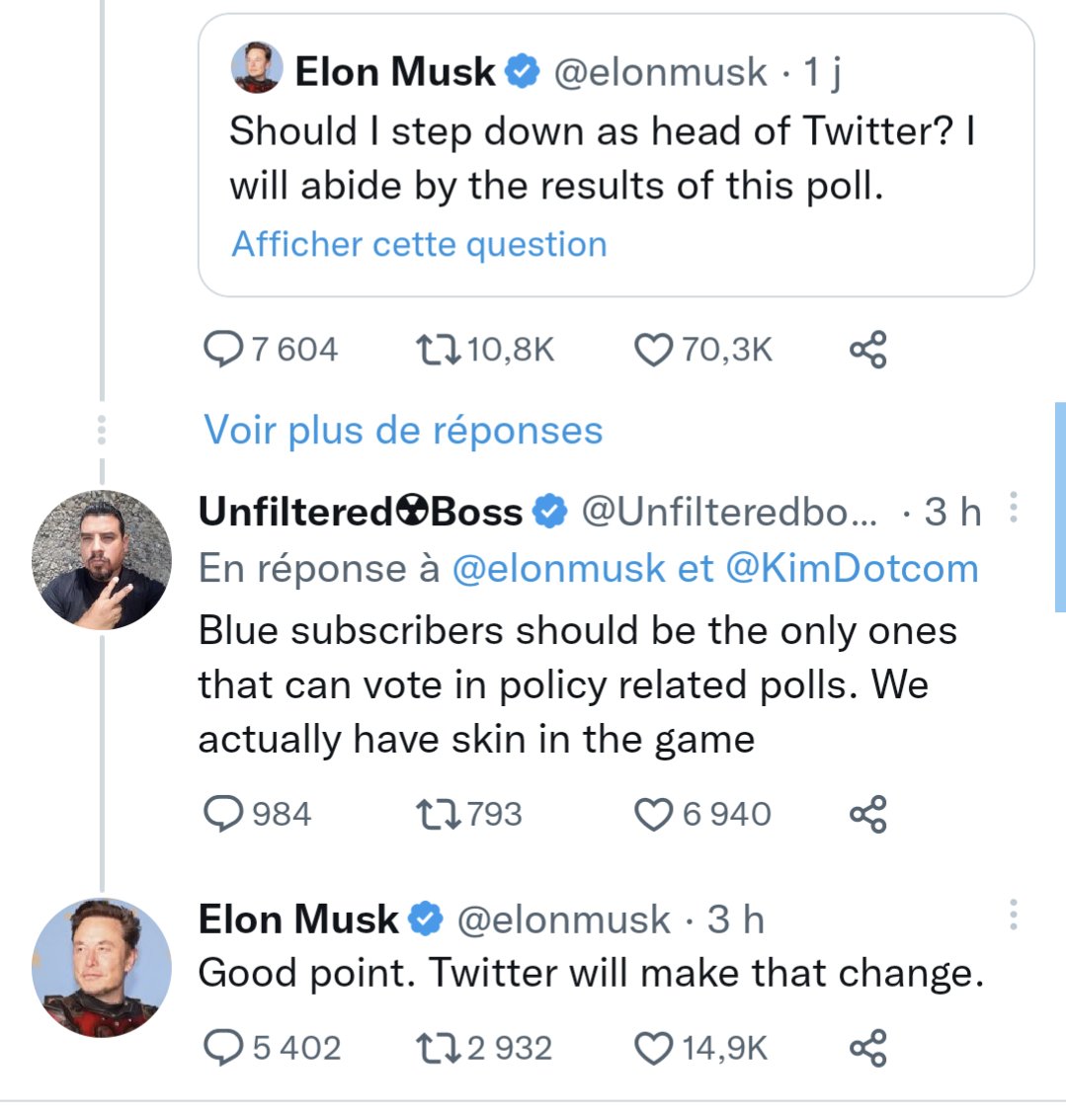 Musk demande s'il doit quitter la direction de Twitter, les internautes répondent oui à 57%. Résultat des courses : "en fait c'est des bots qui ont truqué le vote" et "à l'avenir seuls les comptes payants pourront voter". How do you say "mauvais perdant" in English déjà ? 😅