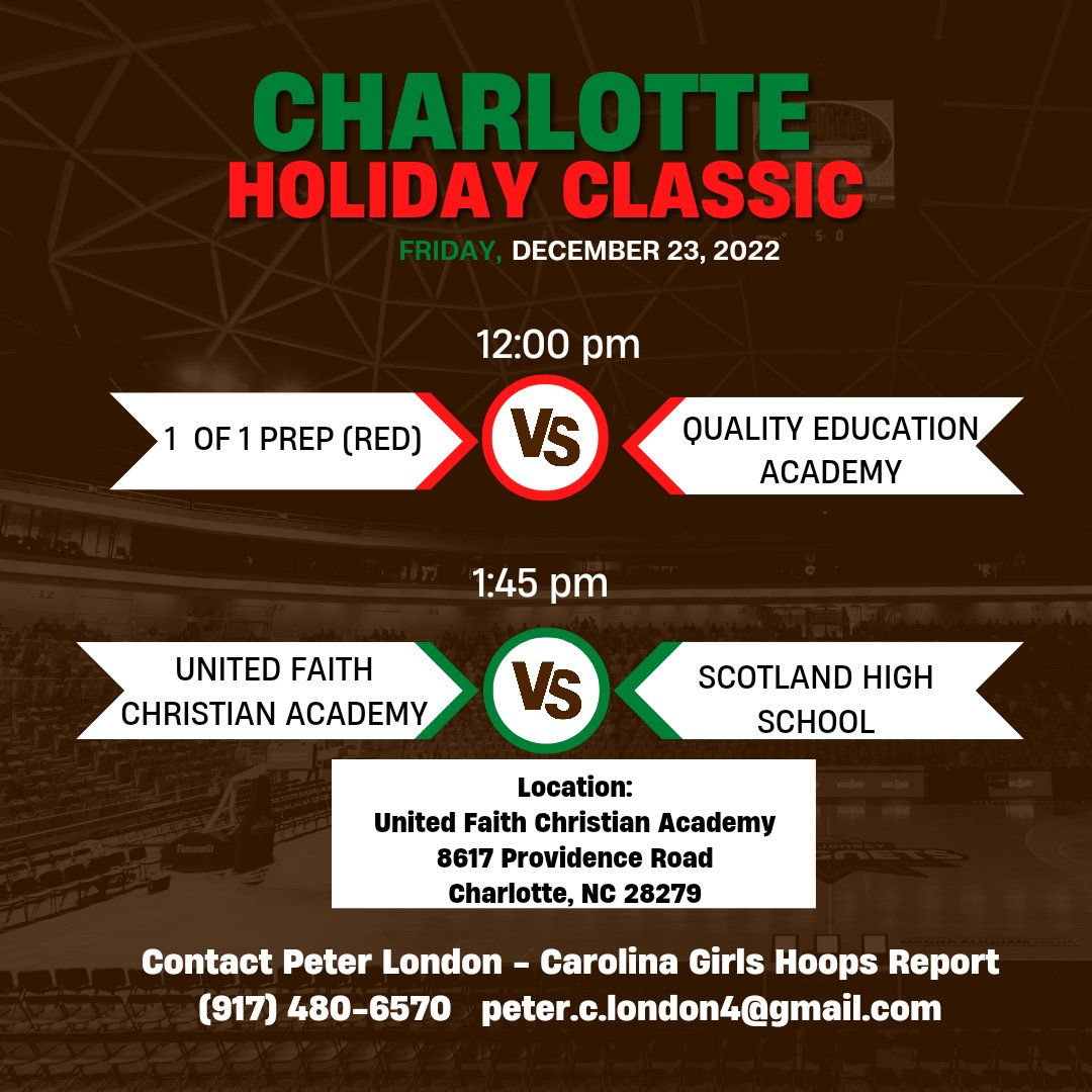 CghrMedia's tweet photo. π #CGHRMedia
#CharlotteHolidayClassic
π - @UFCA_WBB
π
- December 23, 2022
12:00 PM
@1of1PrepWBB (RED)
VS
@HoopsQea
1:45 PM
@UFCA_WBB
VS
#ScotlandHS
#NCBallers
#GirlsBasketball
#DaFuture
#CarolinaGirlsHoopsReport https://t.co/7g1kKn6iqB