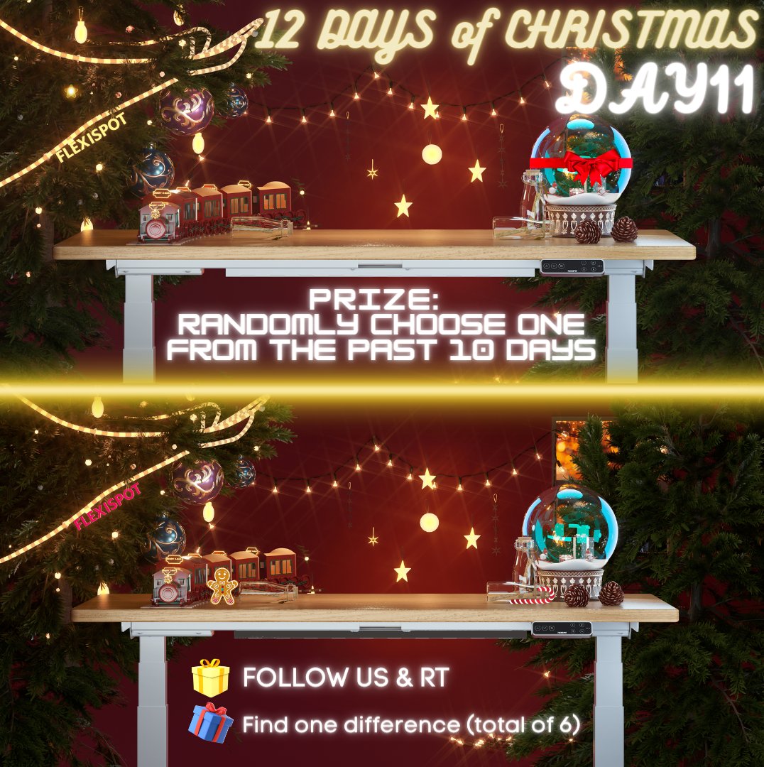 FlexiSpotUK's tweet image. 🔔FlexiSpot 12 Days of Christmas🔔

Can you spot the differences? (total of 6)

DAY1⃣1⃣ - To enter:
✅Follow &amp;amp; RT
✅Reply with ONE difference you find

We will choose 2 to grant a random prize from the past 10 days

T &amp;amp; Cs in bio🥰

#ChristmasGiveaway #MerryChristmas #gifts