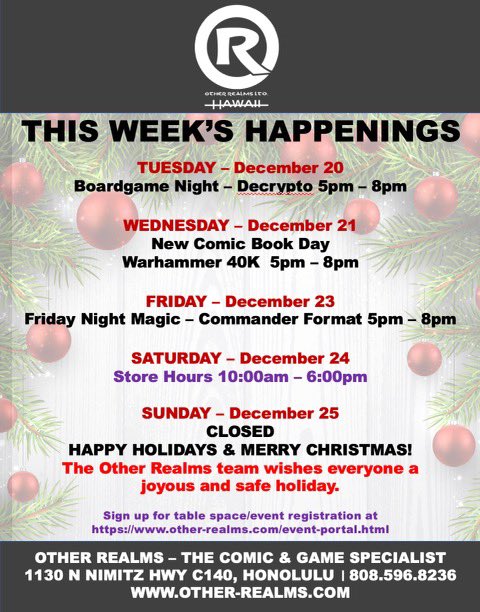 OtherRealmsLtd's tweet photo. A holiday version of #ThisWeekInGeek! Last minute shopping? Last minute gaming? We’ve got ya covered. https://t.co/fuUqK9U7jR