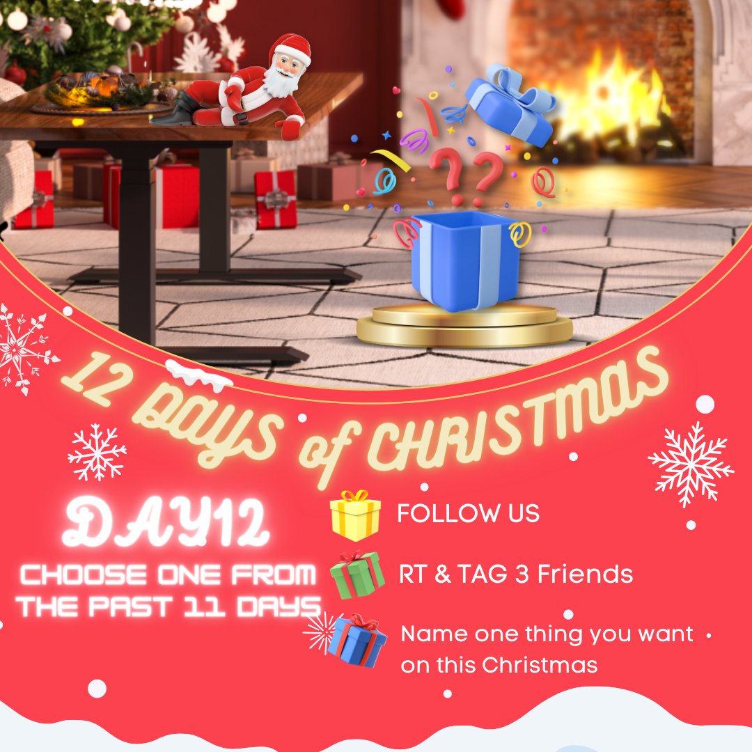 LAST DAY:🔔FlexiSpot 12 Days of Christmas🔔

Name one thing you want on this Christmas

DAY1⃣2⃣ - To enter:
✅Follow 
✅RT &amp; TAG 3 Friends
✅Reply with your answer

We will randomly choose 3 to grant a prize they want from the past 11 days

T &amp; Cs in bio🥰

#MerryChristmas